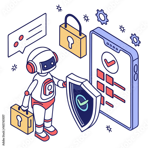Robot protecting digital data with shield and phone lock