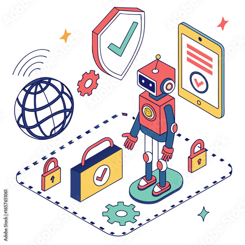 Smart robot protecting digital world with security shield and locks tablet