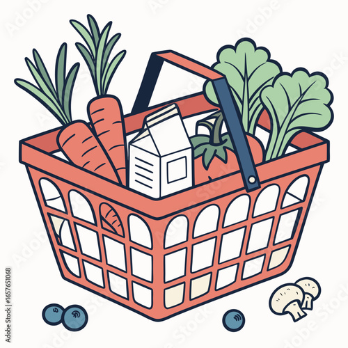 Coral basket overflowing with fresh produce and dairy grocery basket fresh vegetables