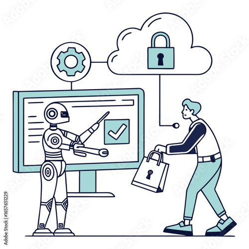 Robot and person with data protection cloud computer lock
