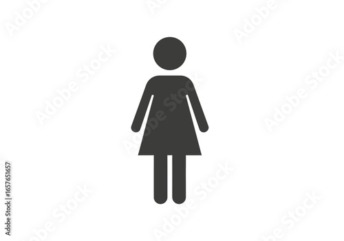 Simple dark grey silhouette pictogram of a standing female figure on a white background, representing a woman or a women's restroom symbol.