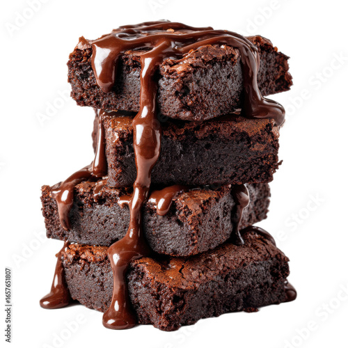 Stack of brownies with chocolate drizzle on top