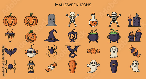 Unique Halloween Vector Icons Set Flat Outline Silhouette and Cartoon Styles