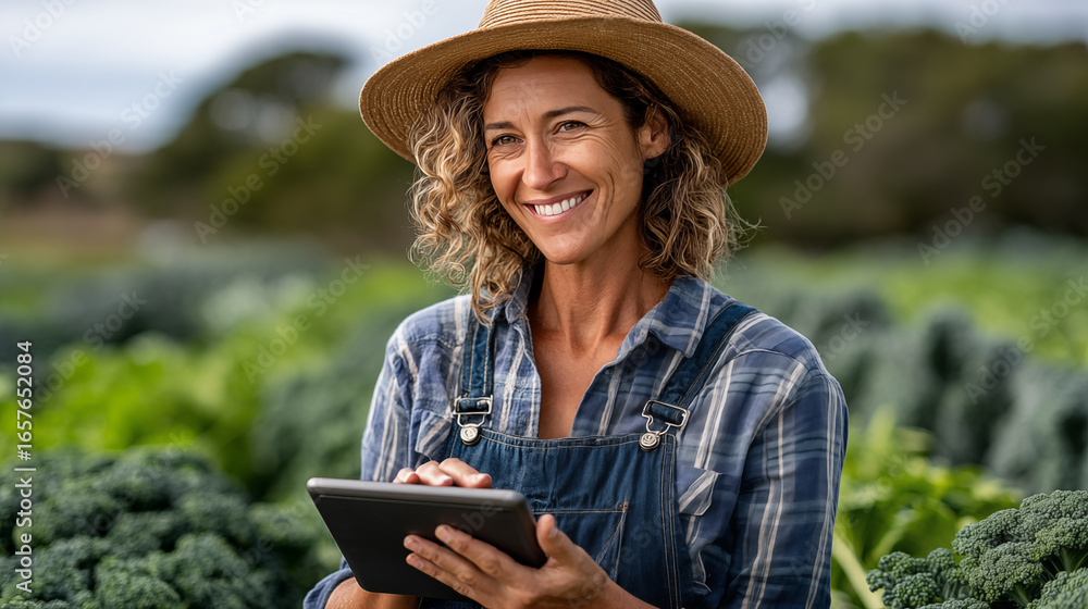 Fototapeta premium Portrait of smiling female farmer using digital tablet while standing in field