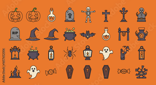 Unique Halloween Vector Icons Set Flat Outline Silhouette and Cartoon Styles