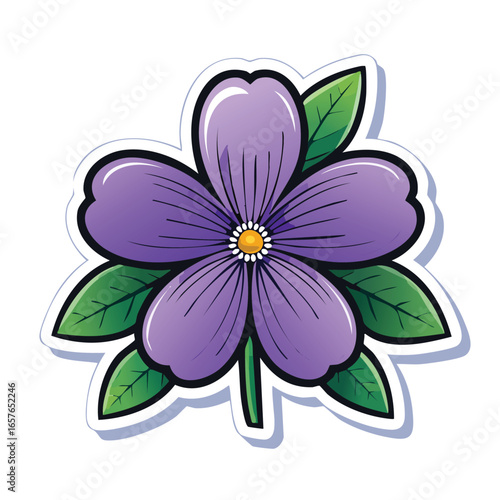 A detailed illustration of a purple flower with five petals, green leaves, and a yellow center.