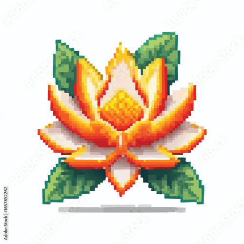 Pixelated illustration of a vibrant lotus flower with orange and white petals, surrounded by green leaves.