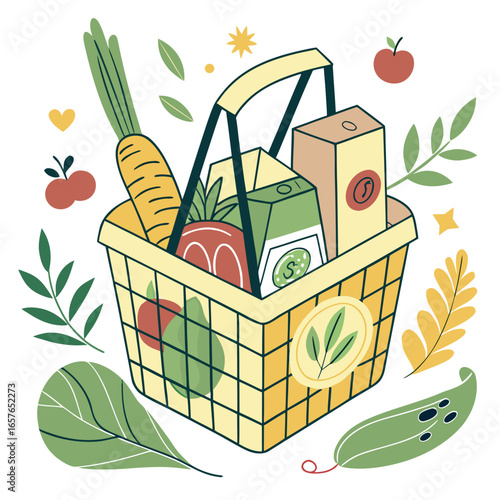 Yellow market basket filled with fresh produce and packaged goods groceries carrot