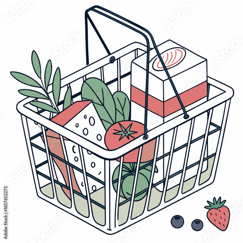 Shopping basket filled with fresh produce and packaged goods groceries packaged food