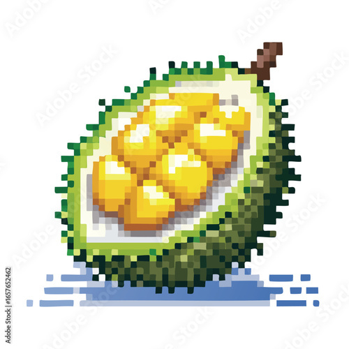 Pixelated illustration of a durian fruit, cut open to reveal the edible yellow segments.