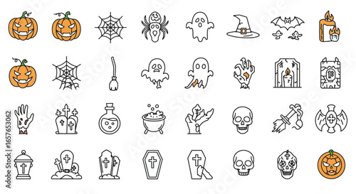 Unique Halloween Vector Icons Set Flat Outline Silhouette and Cartoon Styles