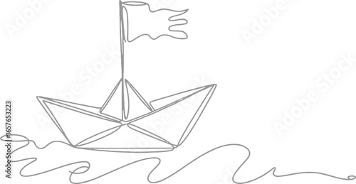 Minimalist Paper Boat with Flag, Single Continuous Line Art on Transparent Background