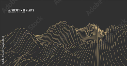 Contour mountain landscape. Waved line art. Abstract minimal topographic map. Contour lines with elevations and terrain depth. Vector illustration.