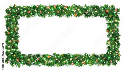 Christmas rectangular wreath with glowing Christmas lights. Christmas tree decoration. Holiday fir tree garland. Festive winter season frame, spruce branches. Transparent background in vector file.