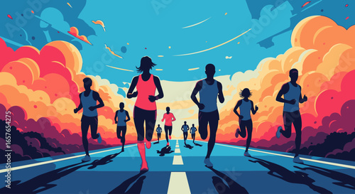 A group of silhouetted runners participating in a marathon race on a road against a vibrant, cloudy sunset.
