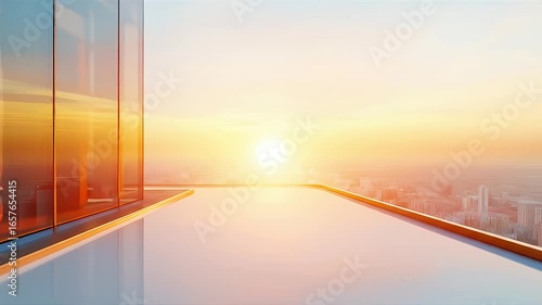 黄金色の夕日が街のスカイラインを照らす、明るいオレンジと青の反射が都会のテラスに広がる未来的な高層ビルのパノラマ
