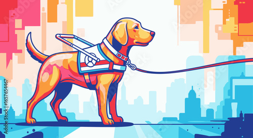 A colorful illustration of a yellow guide dog in a harness standing in a modern, stylized cityscape.