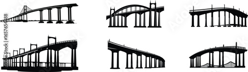 Silhouetted Architectural Bridges Displayed in Various Perspectives Against a White Background