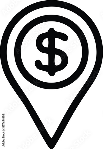 Hand drawn sketch of a location pin marker with a dollar sign inside representing financial destinations or money related places