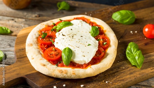 A delectable pizza with fresh mozzarella, ripe cherry tomatoes, and fresh basil on a rustic wooden board.