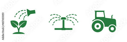 Watering, gardening, irrigation, agriculture, tractor, farm icons.