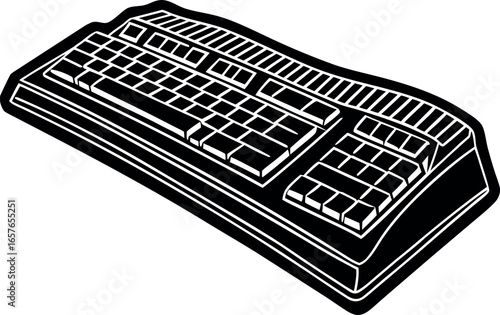Ergonomic Keyboard Tech black and white image of ergonomic keyboard, designed for comfort and efficiency. showcasing the sleek modern design and its unique wave-like structure.