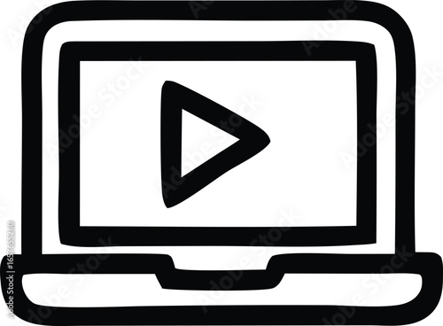 Simple hand drawn icon of a laptop displaying a play button symbol for video content