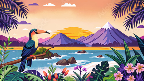 Colorful Costa Rica travel poster with tropical plants, exotic bird, sea, and mountains. Perfect for tourism, vacation ads, summer journey campaigns, and travel destination promotions.