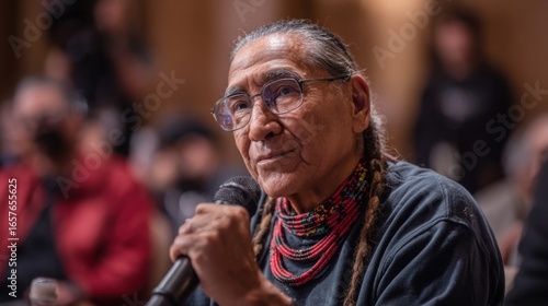 Senior Native American man with long braided hair speaks into a microphone. He wears glasses and a colorful scarf. Audience in the background.