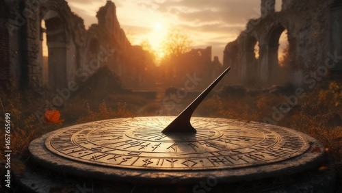 Ancient Sundial at Sunset: Runes and Ruins, Golden Hour Light