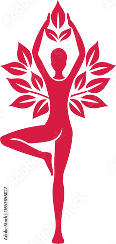 Vibrant red silhouette of a person in tree pose with blooming leaves symbolizing growth and wellness