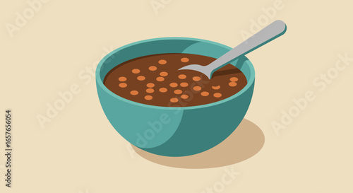 A teal bowl of lentil soup with a spoon rests on a beige background.