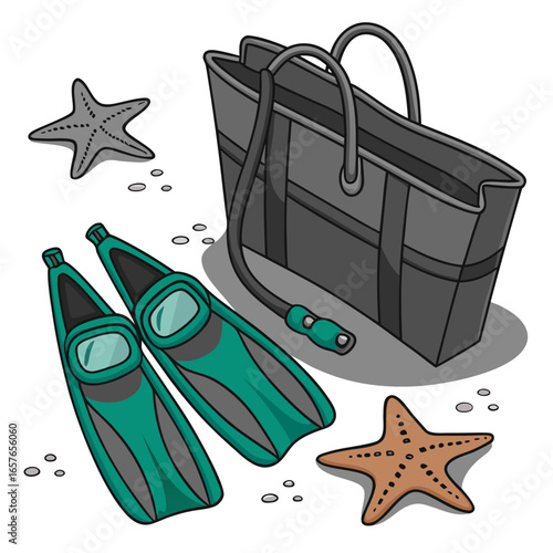 Underwater exploration gear Scuba diving fins, snorkel, and starfish on a sandy beach, perfect for a summer vacation or ocean adventure.