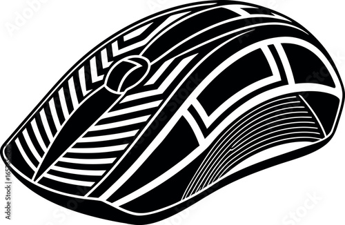 Abstract Computer Mouse sleek and artistic black and white illustration of a modern computer mouse, emphasizing its ergonomic design and the seamless fusion of form and function.