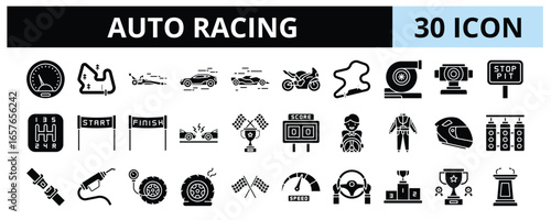 30 Auto Racing Glyph Icons Vector - Race Track, Formula One, Superbike, Circuit, Pit Stop, Racing Championship, Crossed Flag