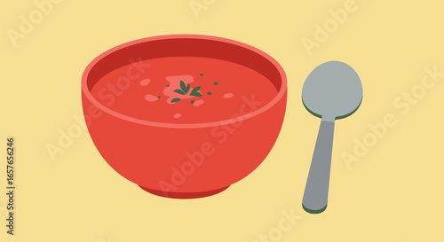 Red bowl of tomato soup with a spoon, flat illustration style.
