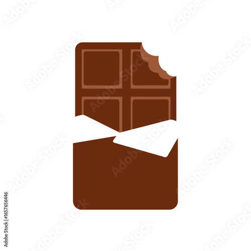 A simple illustration of a chocolate bar with a bite taken out, partially unwrapped.