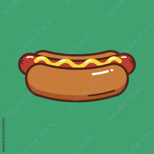 Cartoon illustration of a hot dog with mustard on a bun, isolated on a green background.