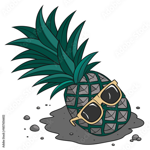 Funny cartoon pineapple wearing sunglasses lying down on the sand, ready for a tropical vacation