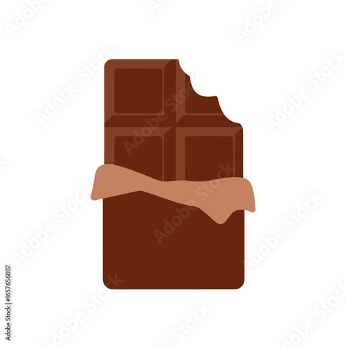 A partially unwrapped chocolate bar with a bite taken out of the top right corner, isolated on a white background.