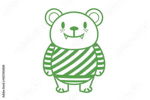 Smiling green outline bear with a striped shirt is standing cheerfully here