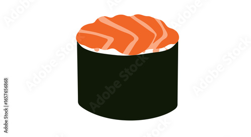An isolated illustration of a single maki sushi roll featuring orange salmon on top of white rice wrapped in dark seaweed.