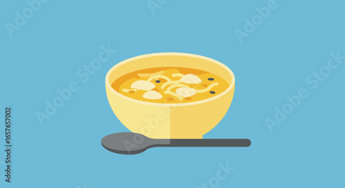 A simple illustration of a bowl of creamy soup with a spoon.