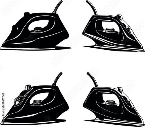 iron vector illustration, Four black and white illustrations of electric irons in various angles on a white background display