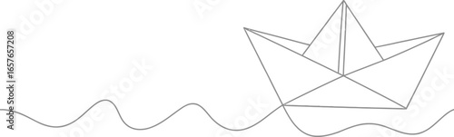Paper Boat Sailing on Water Line Art on Transparent Background, Outline Drawing