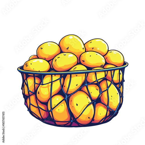 Vsai wire basket overflowing with freshly harvested potatoes