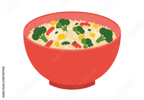 A red bowl filled with rice, broccoli florets, corn kernels, and red pepper pieces, presented on a white background.