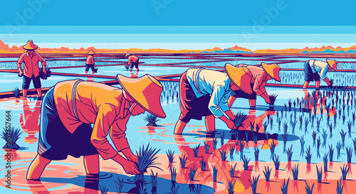 Vibrant illustration of farmers in conical hats planting rice in a flooded paddy field.