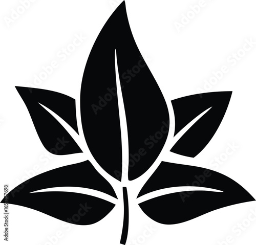 Stylized black silhouette of a five petaled flower or leaf emblem with central veining and outward radiating petals