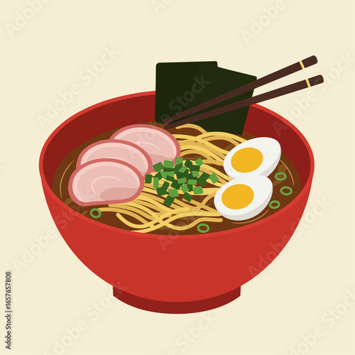 A vibrant illustration of a delicious bowl of Japanese ramen featuring noodles, sliced pork, eggs, seaweed, and green onions, with chopsticks resting on the rim.